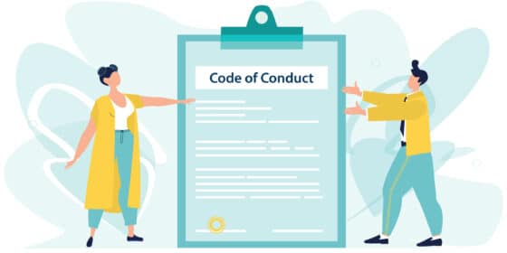 cartoon of two people pointing to code of conduct