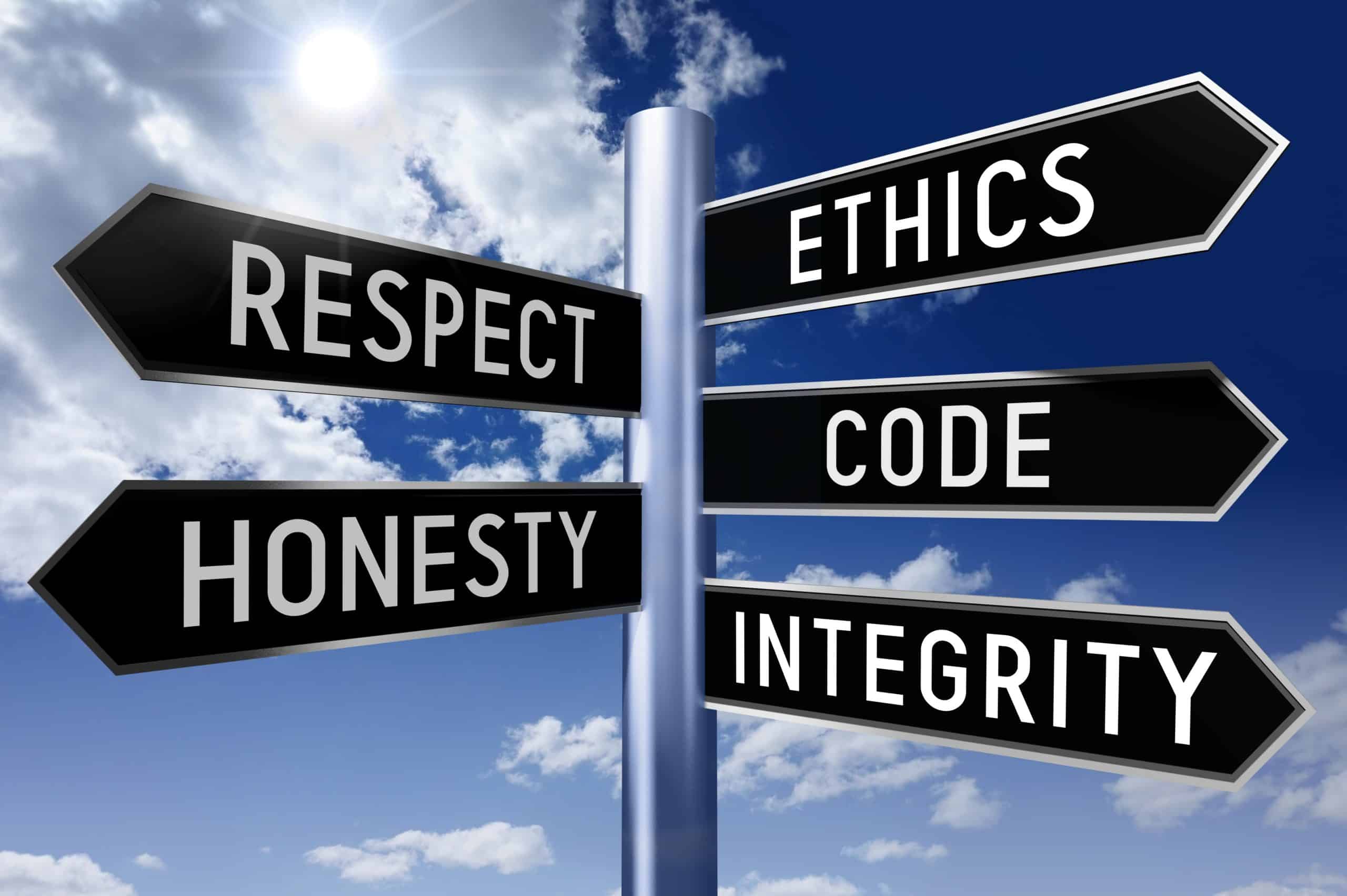 signpost with 5 arrows with the words: respect, ethics, code, integrity and honesty