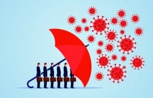 graphic of an umbrella protecting business men underneath it from a virus
