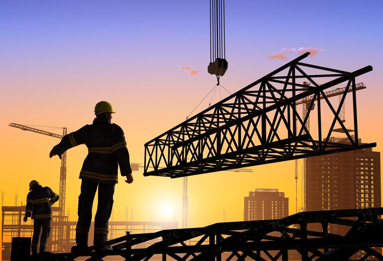 Construction workers at sunrise with crane.