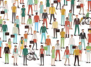 Diverse group of illustrated people standing together.