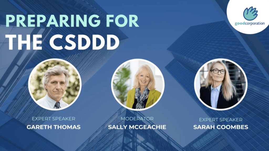 Preparing for the CSDDD webinar promotional banner, cityscape as a background with photos of Gareth Thomas, Sally McGeachie and Sarah Coombes