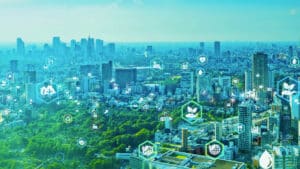 cityscape with ecological icons overlayed