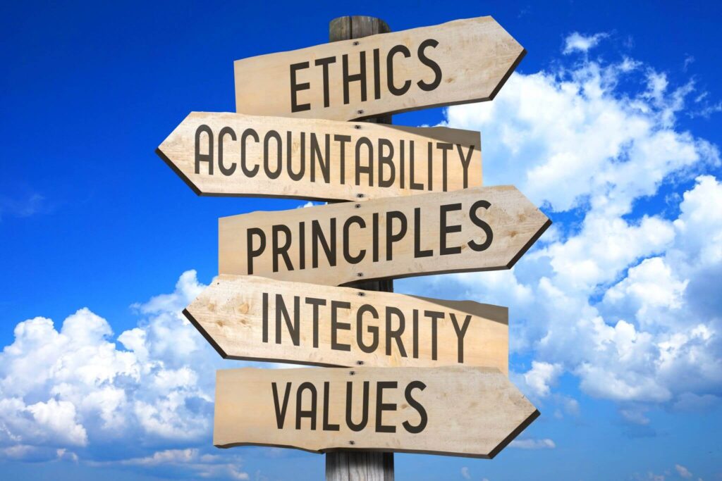 Sign with ethics, accountability, values, principles, integrity