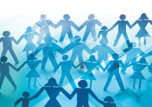 Blue paper people holding hands background.
