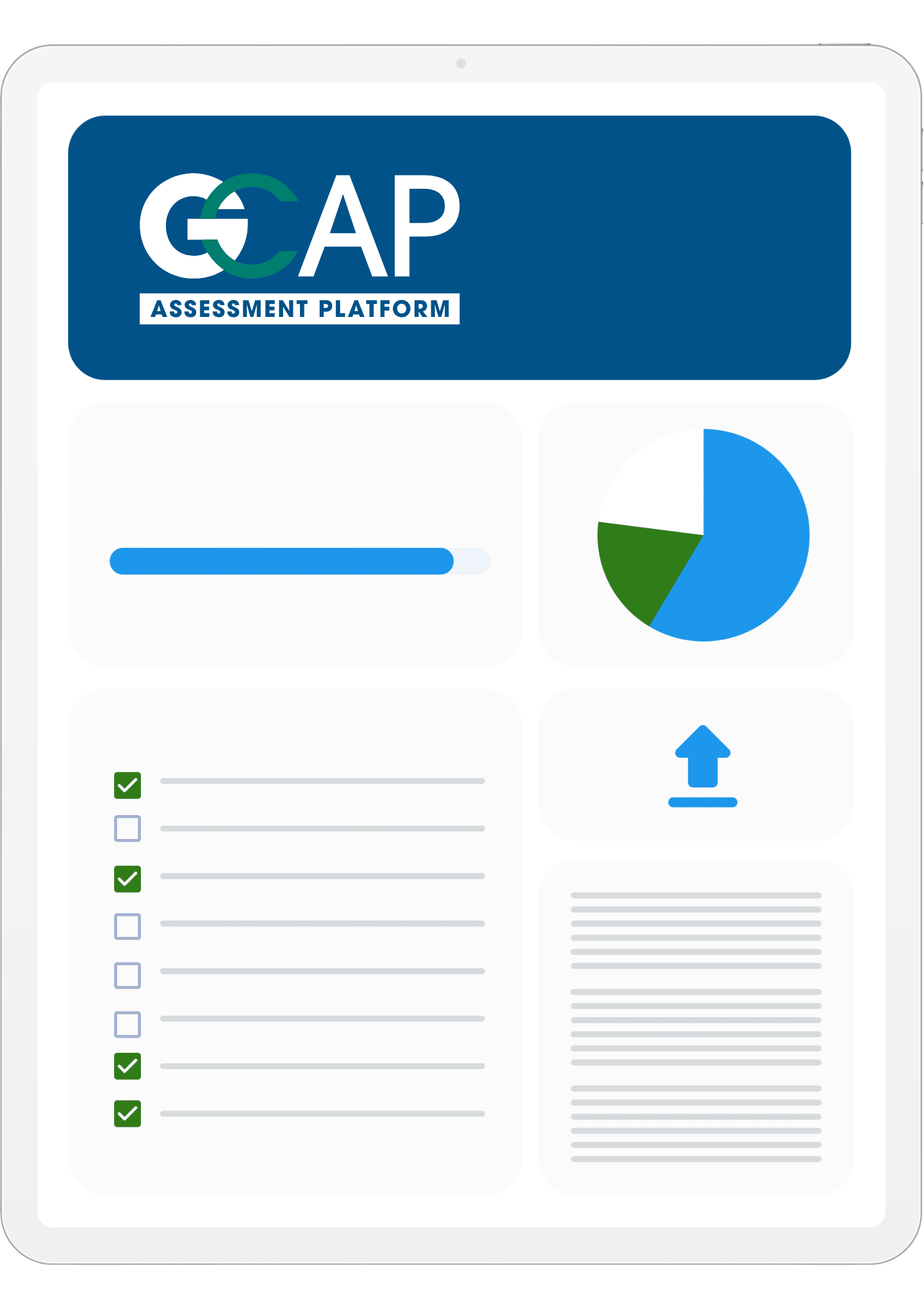 GCAP Assessment Platform dashboard with charts and data.
