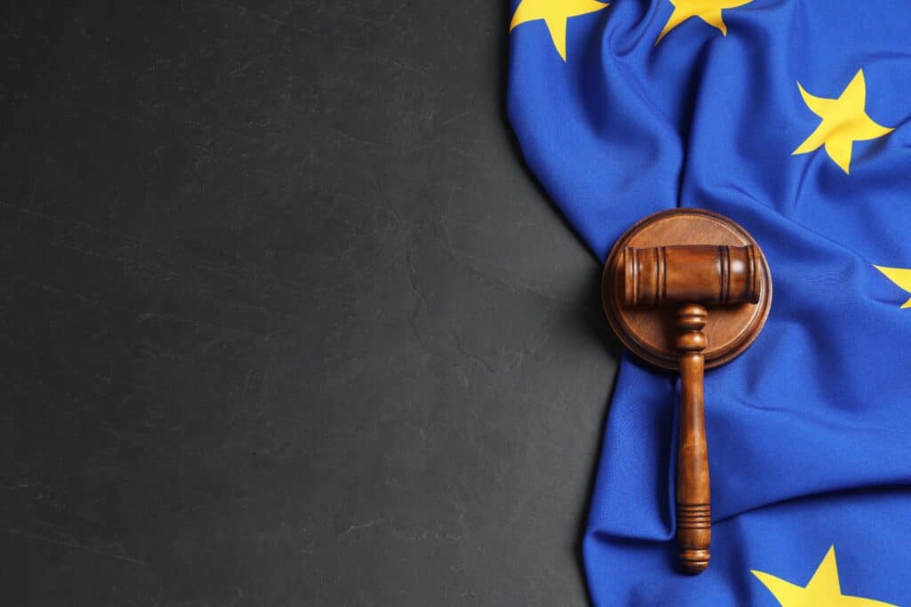 Wooden gavel on European Union flag