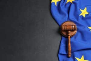 Wooden gavel on European Union flag