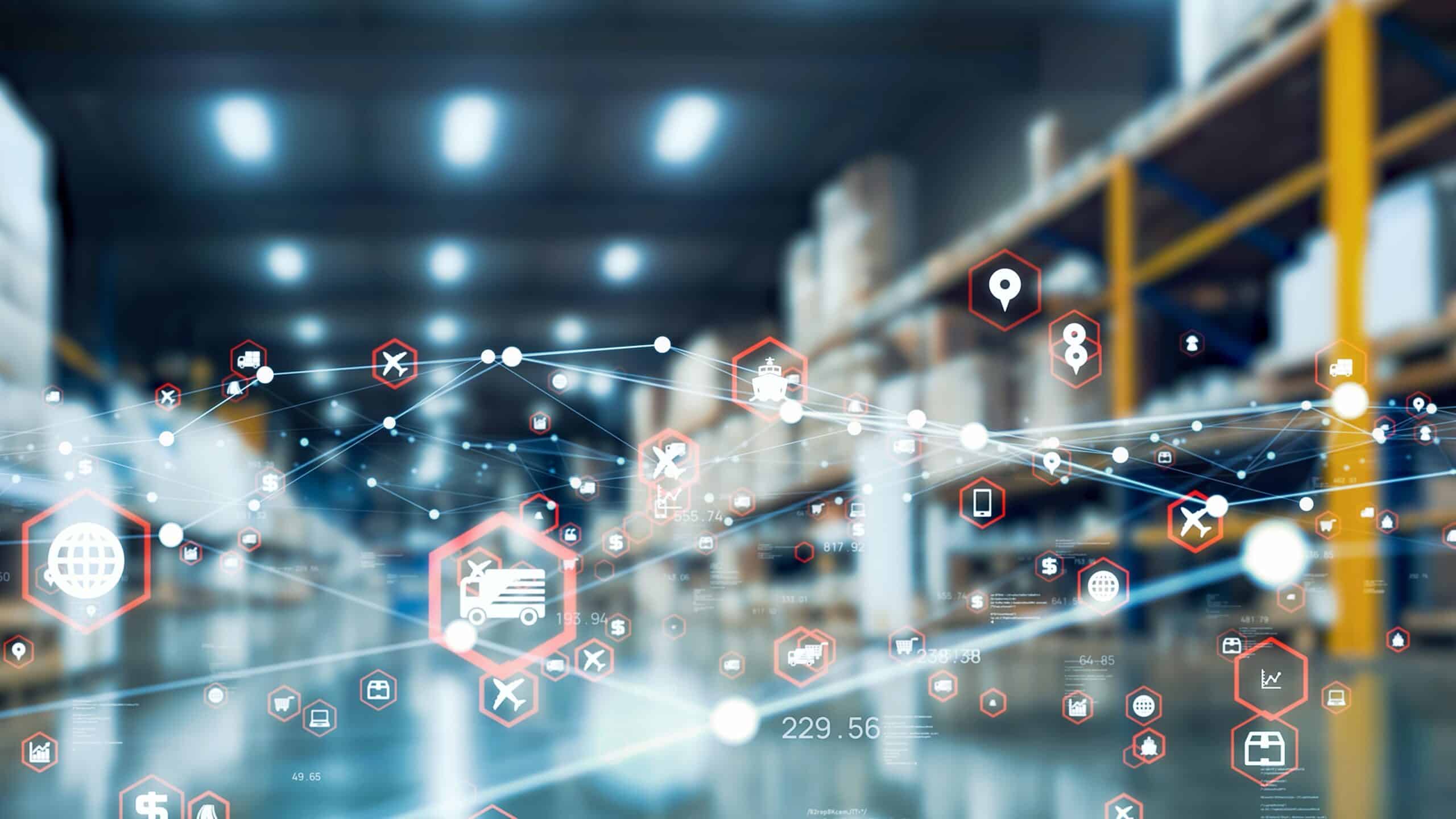 Digital logistics icons in a warehouse setting.