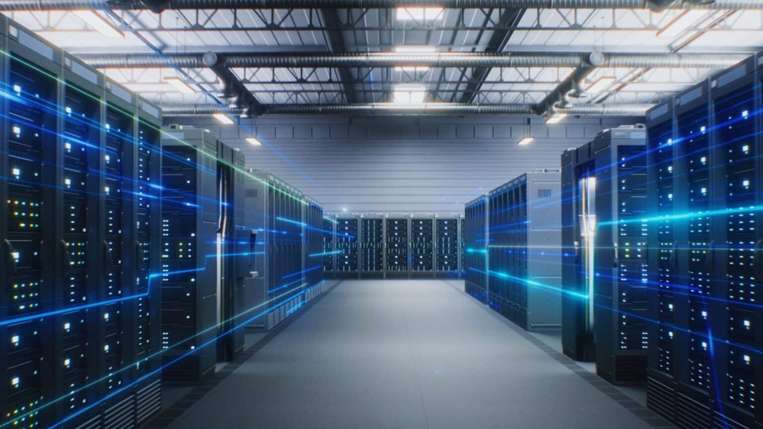 Modern data center with illuminated server racks.