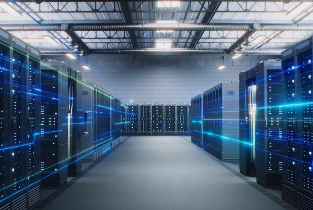 Modern data center with illuminated server racks.