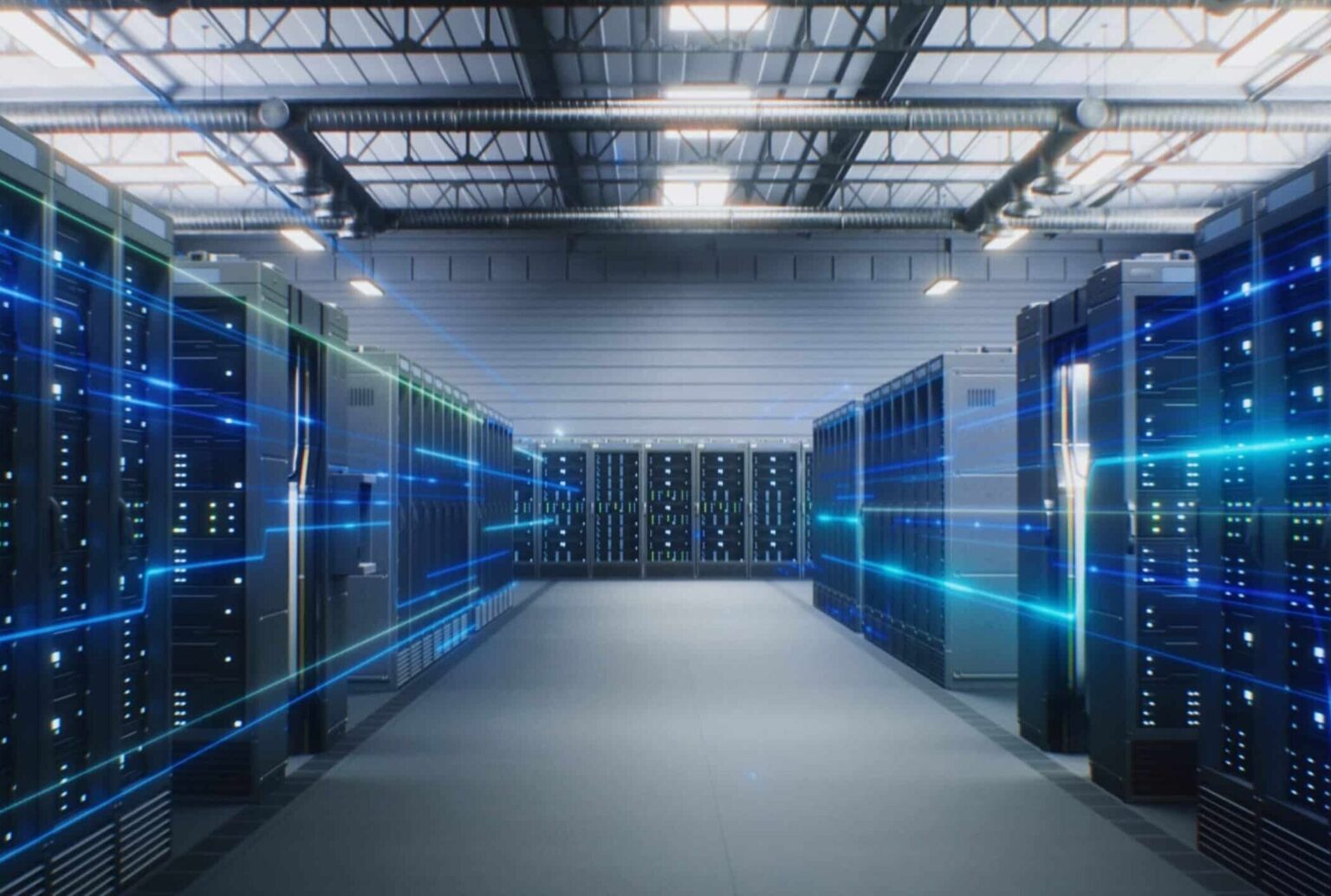 Modern data center with illuminated server racks.