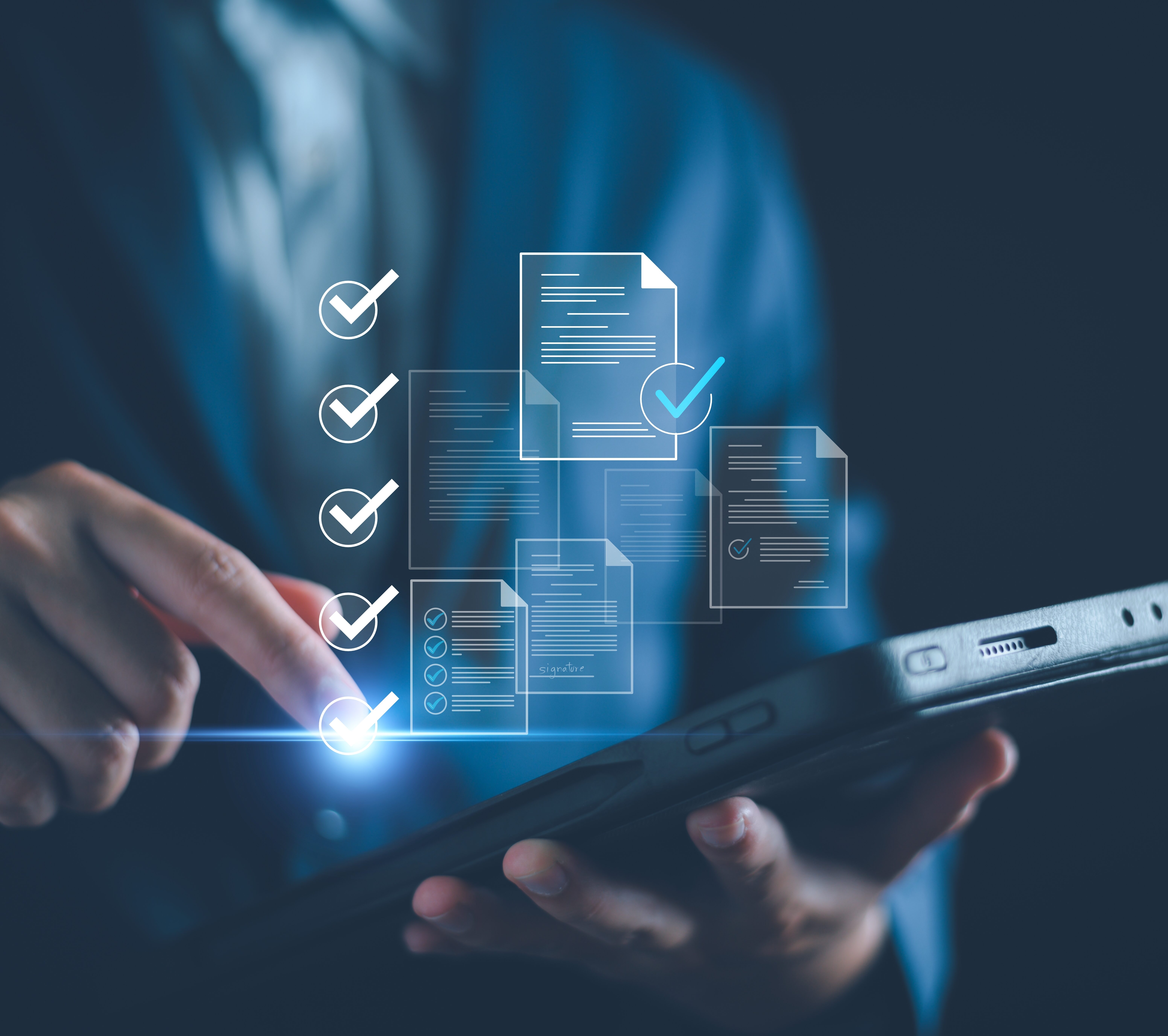 Person interacting with digital documents on a tablet