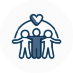 Three people supporting each other under a heart.