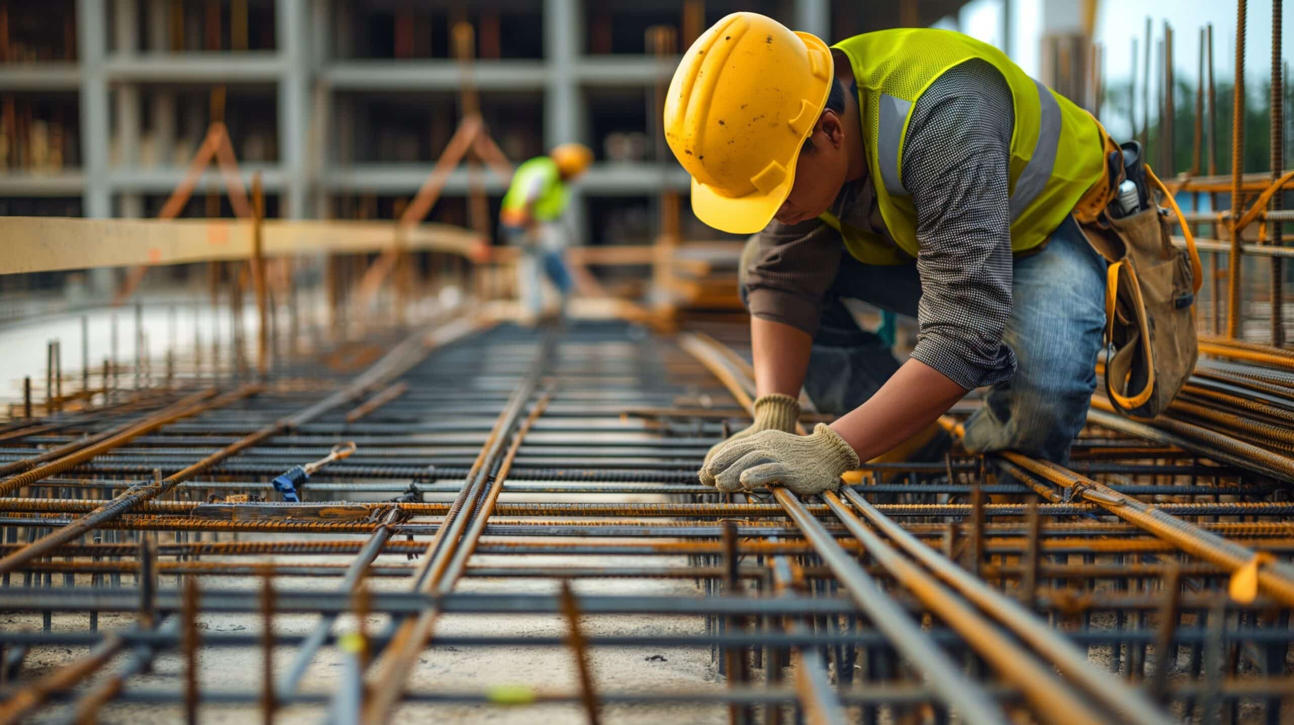 Construction worker assembling steel reinforcement bars.