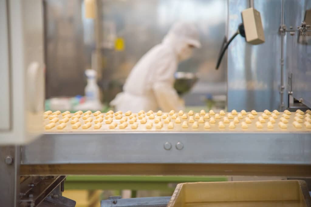 Production line with small dough pieces being prepared.