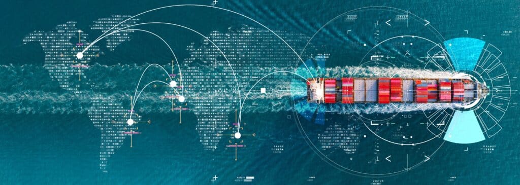 Container ship navigates ocean with digital overlays