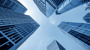 View of skyscrapers from ground perspective