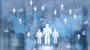 Global data visualization with abstract human icons.