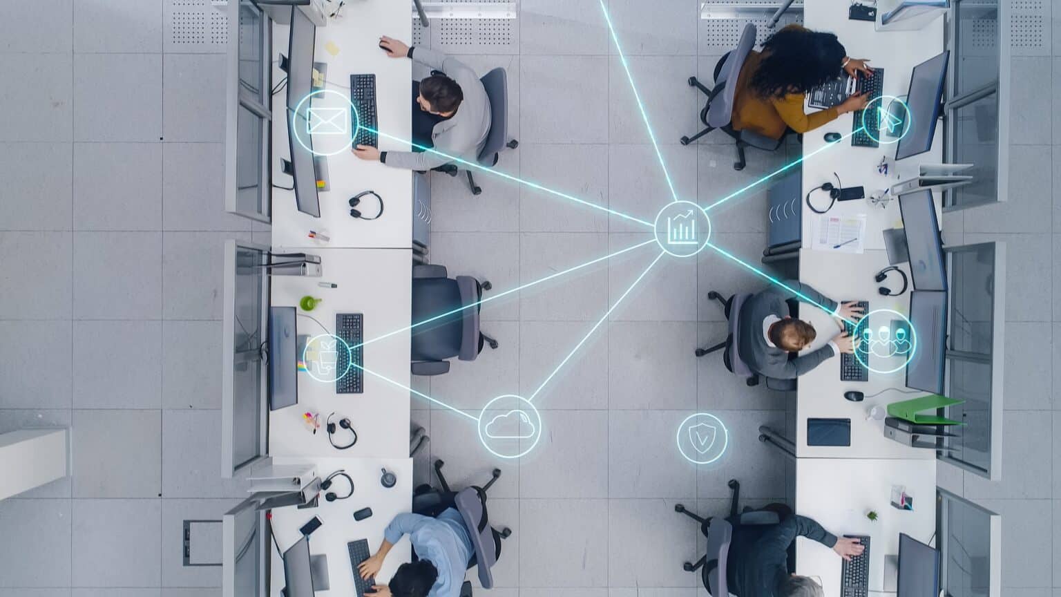 Top-down office workers connected by digital network icons