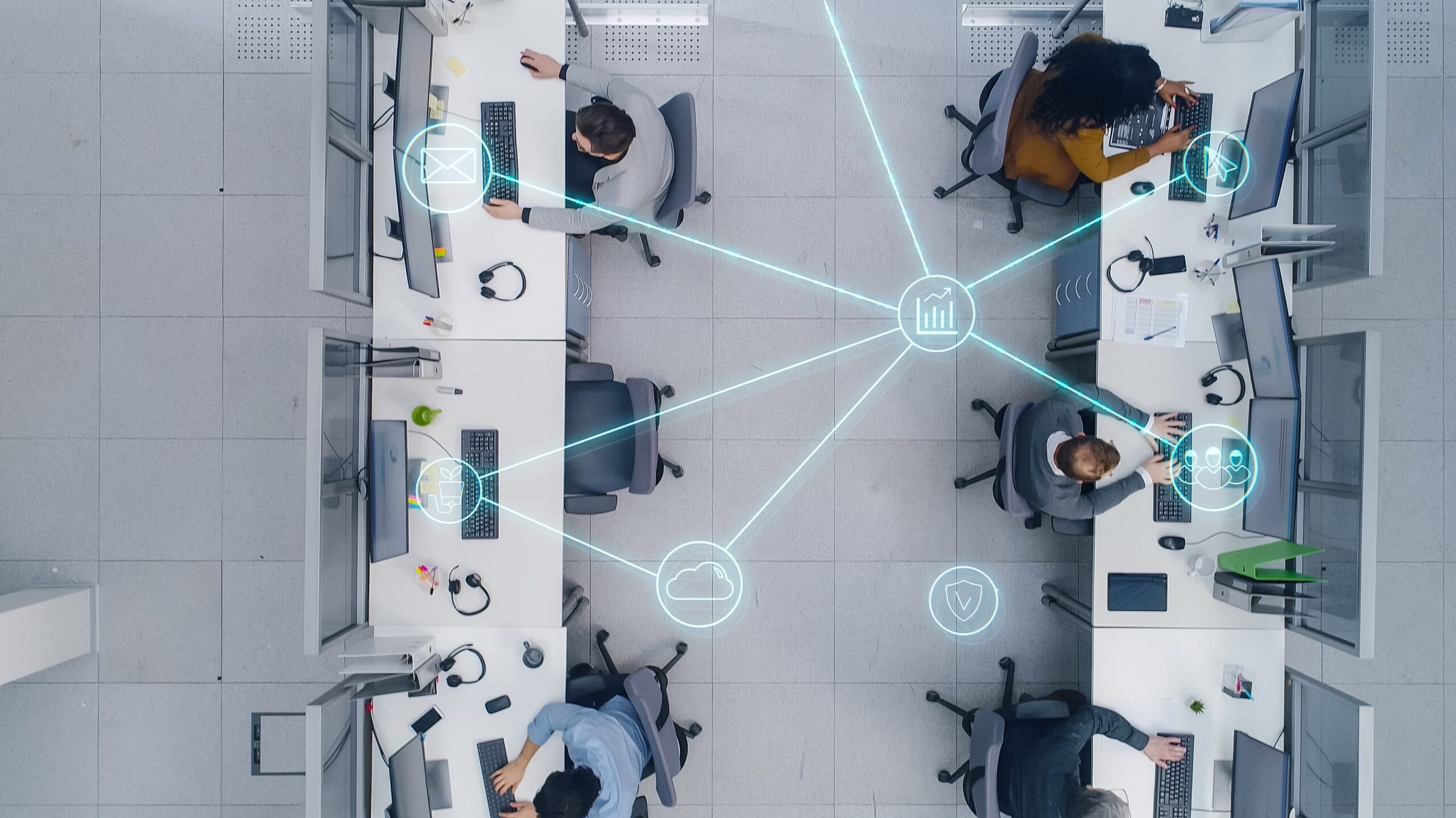 Top-down office workers connected by digital network icons