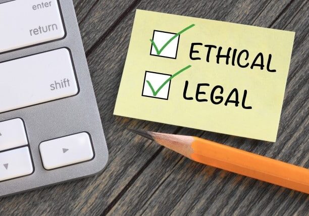 Checklist with the words 'ethical' and 'legal' ticked off